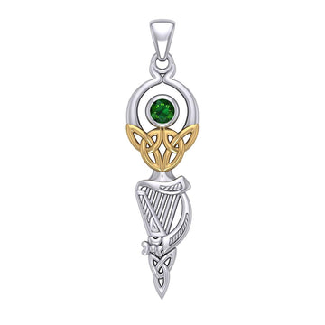 Celtic Goddess with Irish Harp Silver and Gold Accents Pendant MPD5961 - Jewelry